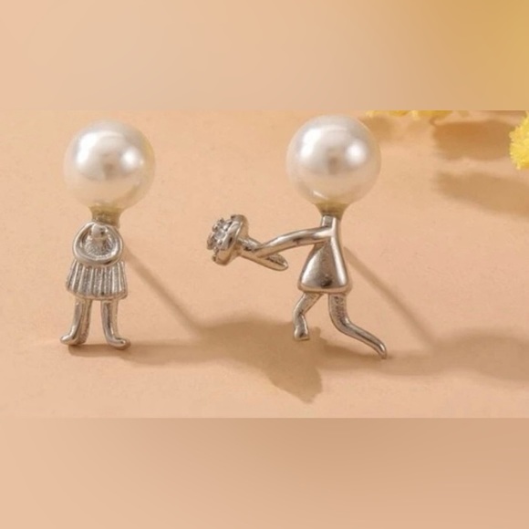 “Marry Me” Boy Flowers Girl Dress Silver Figures Pearl Heads Mismatch Tiny Studs - Picture 4 of 14